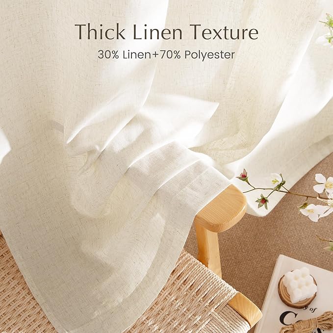 NICETOWN Thick Linen Blend Curtains Flax Textured for Bedroom, Rustic Grommet Semi Sheer Privacy Added Window Curtains & Drapes Light Filtering for Nursery, Natural, W34 x L63, Set of 2