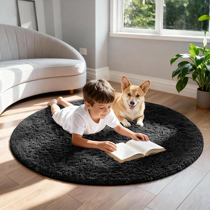 Ophanie Round Rug 4Ft Black Circle Area Rug, Room Decor for Men, Fluffy Fuzzy Bedroom Carpet, Plush Soft Shaggy Living Room Rugs for Kids Home Decor Aesthetic, Nursery