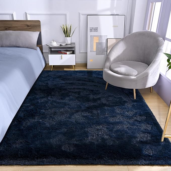Amearea Shag Fluffy Area Rug for Kids Bedroom Living Room, Extra Soft and Fuzzy Shaggy Rugs, Non Slip, Solid Color Carpet Mat for Girls Nursery Home, Navy Blue 5x7.5 Feet