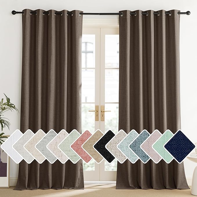 NICETOWN Coffee Vintage Linen 100% Blackout Curtains for Living Room, Thermal Insulated Curtains 84" Long, Noise Reducing Window Treatment Drapes for Dining Room, 62" Wide Per Panel, Set of 2