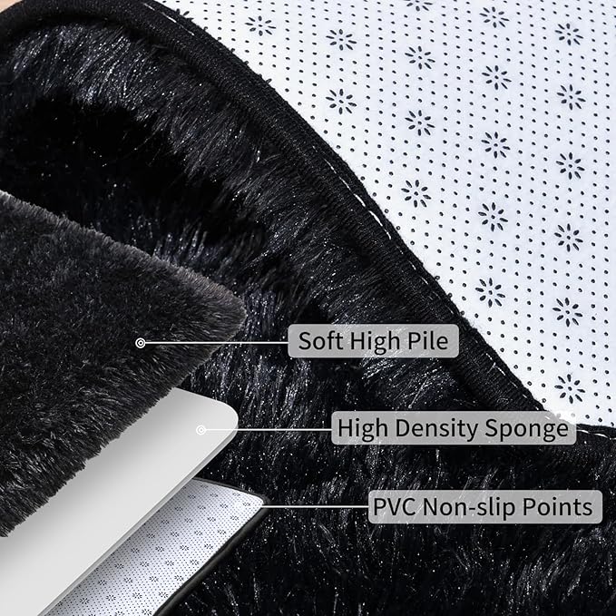 Soft Runner Rugs for Bedroom Hallways, 2x4 Black Fluffy Shag Throw Area Rug Non Slip for Bedside Dorm, Long Shaggy Furry Carpet for Nursery Living Room