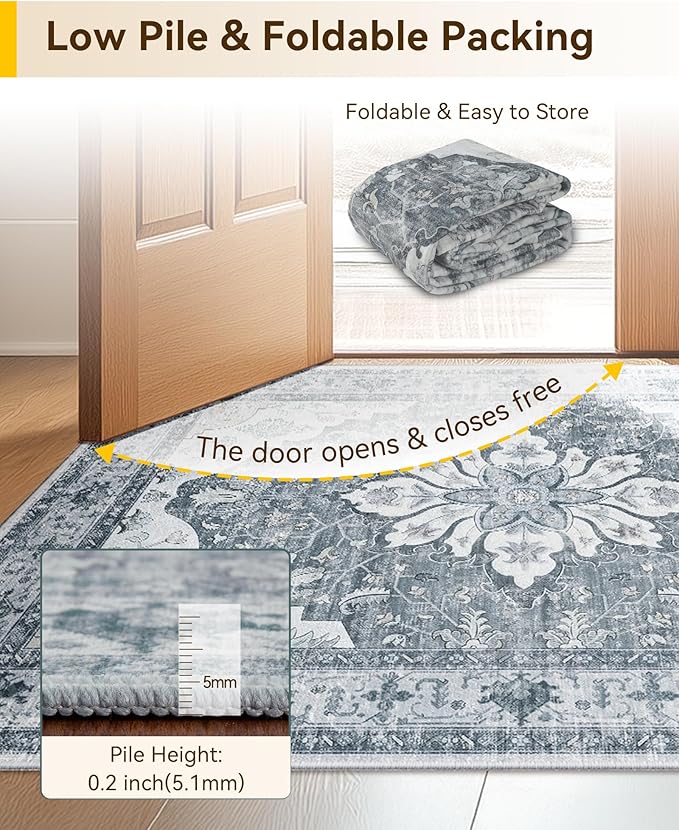 Area Rugs 2'x5' Runner Rug Non Slip Washable for Kitchen Hallway Bedroom Beside Laundry Room Bathroom Rug, Floor Carpet, Light Gray Grey White