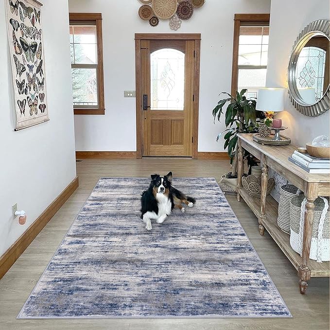 KOZYFLY Washable Area Rug 5x7 Modern Ombre Living Room Thin Area Rug Non-Slip Soft Striped Rug for Bedroom, Print Grey-Blue Abstract Carpet for Laundry Kid Room