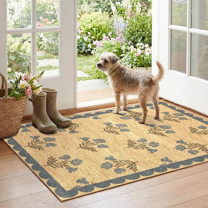 Floral Outdoor Rug - 28" x 43" Front Door Mat Indoor Outside Entrance Non-Slip Washable Outdoor Mat Jute-Look Blue Scalloped Rug for Entryway Kitchen Mudroom Layered Doormat for Front Porch