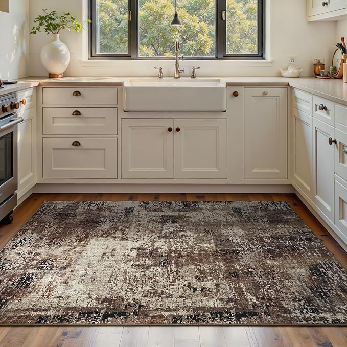 Area Rug 4x6 Brown Rug Washable Boho Rugs Non Slip Low Pile Abstract Coffee Small Carpet for Entryway, Bedroom, Kitchen, Classroom, Kids Room, Office, Dorm, Dining Room