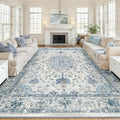 Area Rugs 10'x12' Washable Non-Slip, Floral Vintage Distress Print Pattern Medallion Carpet for Living Room Bedroom Dining Room, Light Blue Navy Beige Gray White
