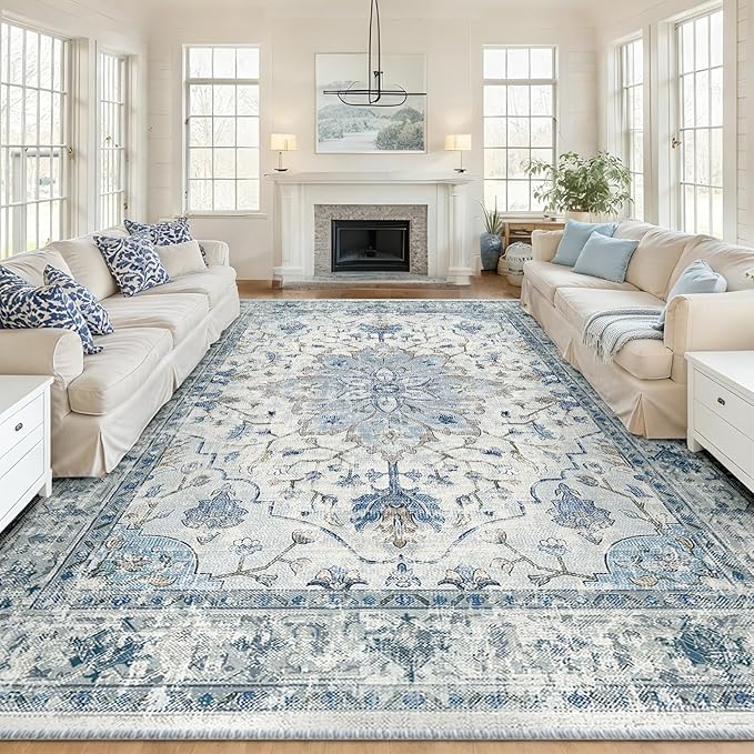 Area Rugs 10'x14' Washable Non-Slip, Floral Vintage Distress Print Pattern Medallion Carpet for Living Room Bedroom Dining Room, Light Blue Navy Beige Gray White