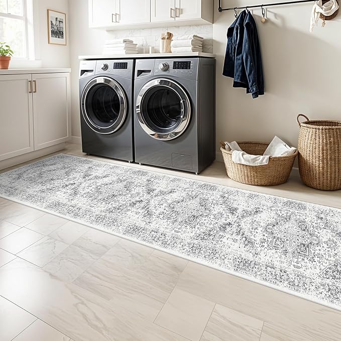 Washable 2'6''x12' Runner Rug - Non-Slip Vintage Runner Rug for Entryway Low-Pile Medallion Long Rugs for Hallway Waterproof Traditional Runner Rugs Indoor Thin Rug for Kitchen Grey