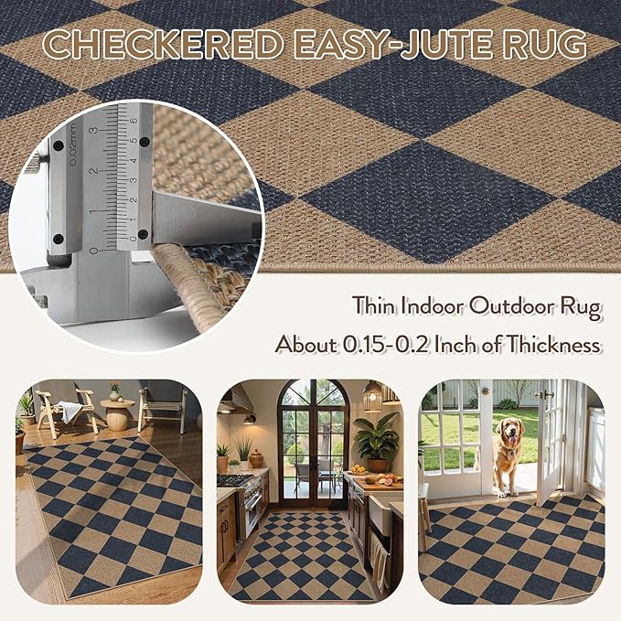 Lahome Colette Checkered Easy Jute Entryway Rug, 3x5 Washable Area Rugs for Living Room Outdoor Patio, Non Slip Blue Indoor Door Mat Checkerboard Throw Carpet for Entry Front Door Guestroom Deck