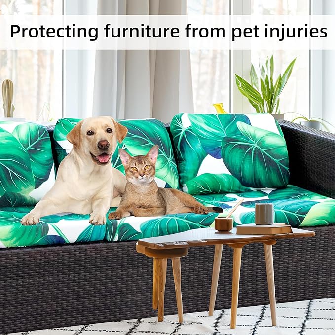 8 Pcs Stretch Patio Cushion Covers,Outdoor Couch Covers Replacement,Outdoor Couch & Sofa Slipcovers,for Patio Furniture Cushion Covers,Washable Reusable Furniture Protector (Green Leaf, Cover Only)