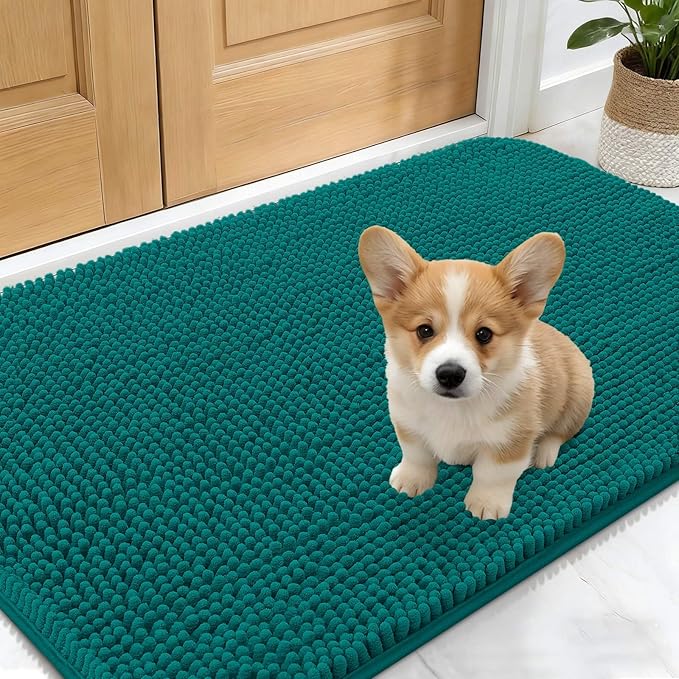 OLANLY Dog Door Mat for Muddy Paws 30x17, Absorbs Moisture and Dirt, Absorbent Non-Slip Washable Doormat, Quick Dry Chenille Mud Mat for Dogs, Entry Indoor Entryway Carpet for Inside Floor, Lake Blue
