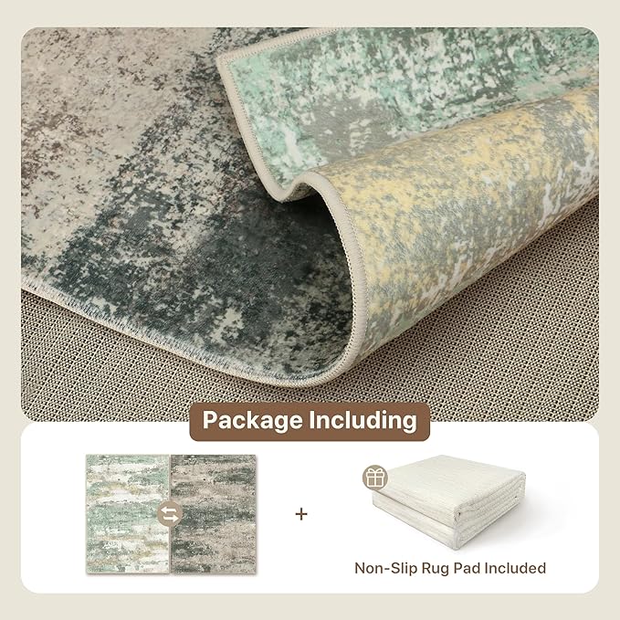 BEIMO Reversible 2'6"x6' Runner Rugs for Hallway, Modern Abstract Dual-Sided Runners for Entryway, Machine Washable Soft Low Pile Kitchen Runner, Includes Non-Slip Rug Pad, Green & Grey
