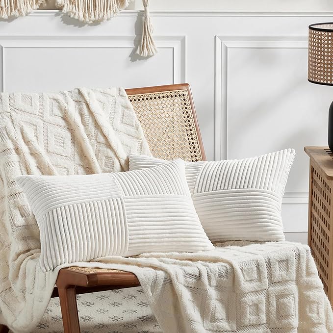 Fancy Homi 2 Packs Cream White Lumbar Decorative Throw Pillow Covers 16x32 Inch for Living Room Couch Bed, Rustic Farmhouse Boho Home Decor, Soft Striped Corduroy Rectangle Accent Cushion Case 40x80cm