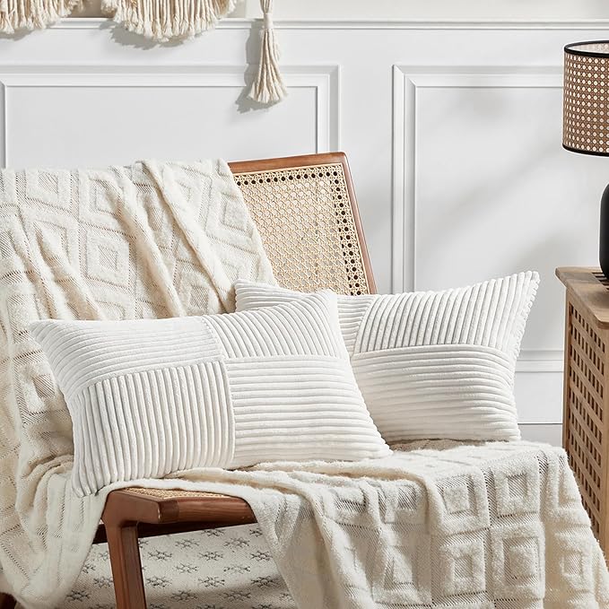 Fancy Homi Set of 2 Cream White Lumbar Decorative Throw Pillow Covers 16x26 Inch for Living Room Couch Bed, Boho Farmhouse Forest Green Home Decor, Soft Corduroy Corss Patchwork Cushion Case 65x40 cm