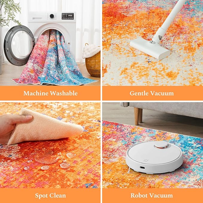 Rugflix 8x10 Area Rugs for Living Room, Washable Large Multicolor Rug Stain-Resistant Low Pile, Modern Carpet for Dining Room Home Office Kid Room Nursery Bedroom, Colorful Rainbow