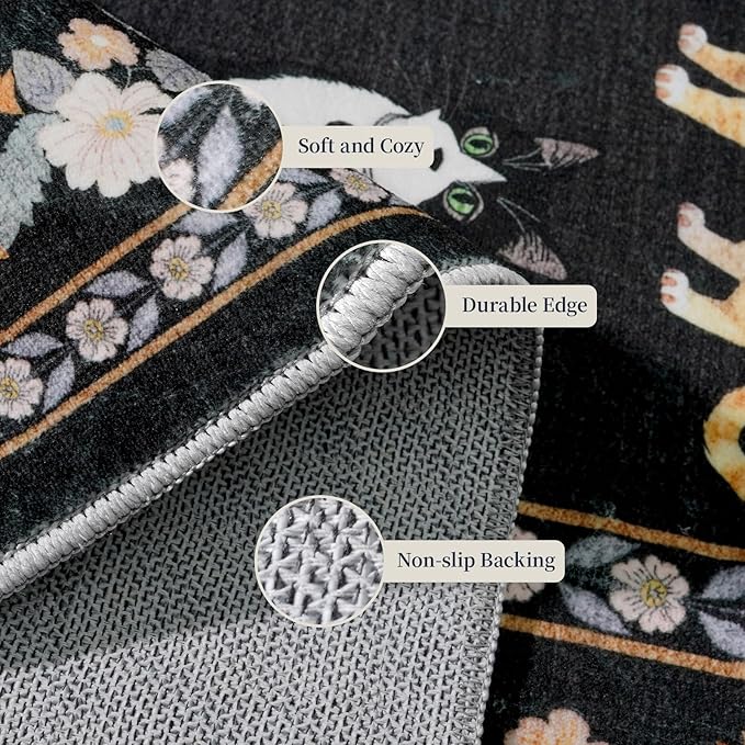 3x7 Washable Kitchen Runner Rug - Soft Low Pile Floral Animal Cat Print Rugs with Non-Slip Backing Waterproof Stain-Resistant Indoor Carpet for Hallway Entryway Bathroom Bedroom (Black)