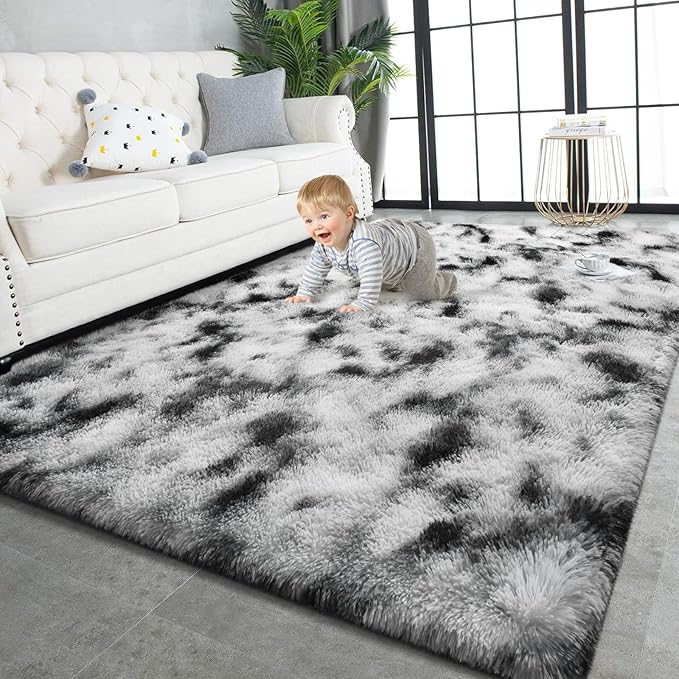 TWINNIS Super Soft Shaggy Rugs Fluffy Carpets, 5x8 Feet, Indoor Modern Plush Area Rugs for Living Room Bedroom Kids Room Nursery Home Decor, Upgrade Anti-Skid Rectangular Fuzzy Rug, Black and White