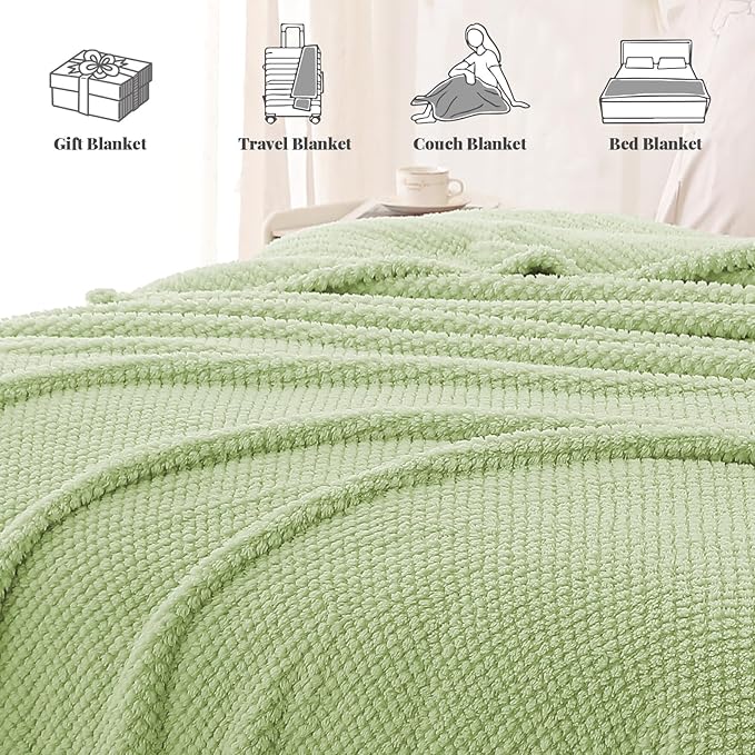 Whale Flotilla Extra Large Fuzzy Fleece Throw Blanket for Couch, 50x70 Inch Fluffy Warm Soft Jacquard Blankets for All Season, Lightweight and Cozy, Light Green