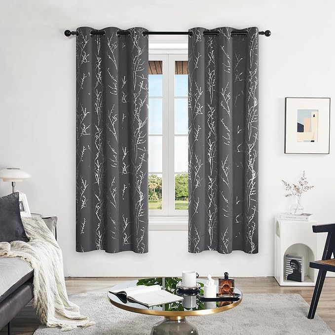 Deconovo Blackout Curtains Grey, Thermal Insulated Soundproof Drapes, Silver Branch Foil Print, 42 x 72 Inch, 2 Panels, Machine‑Washable Privacy Window Panel for Living Room Bedroom Nursery Office
