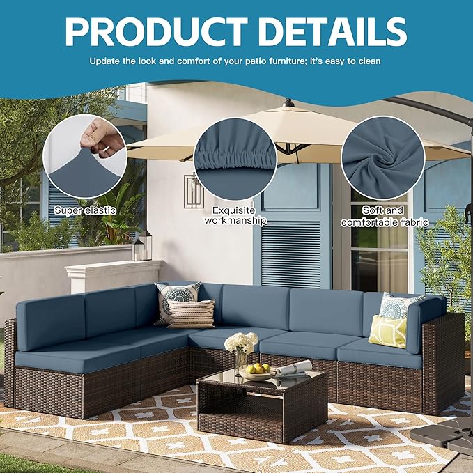 14Pcs Outdoor Cushion Covers, Patio Cushion Covers,Stretch Elastic Slipcovers, Replacement Washable & Reusable Furniture Protector for Patio Couch (Gray-Blue,Cover Only)