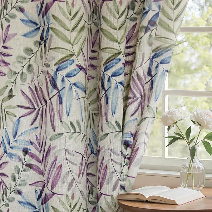 Yakamok Farmhouse Linen Curtains for Living Room 84 Inches Long,Texture Curtains Blue and Purple Grommet Leaves Plant Pattern Bedroom Curtain 2 Panels