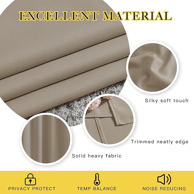 NICETOWN Taupe Window Treatments 66 inch Length 2 Panels Set, Grommet Blackout Room Darkening Thermal Curtains Sound Reducing for Bedroom/Kid Room, W66 x L66