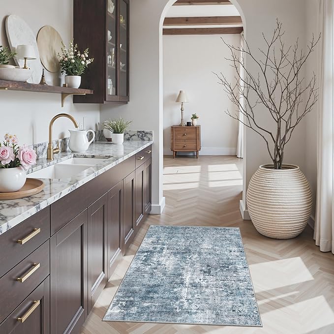 Soalmost 2x3 Abstract Washable Rugs for Kitchen, Floor, Entryway, Powder Room Small Area Rug Non-Slip Vintage Rug Low Pile Throw Door Mat Blue