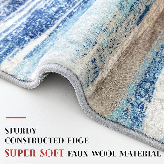 Lansny Modern Abstract 8x10 Large Machine Washable Living Room Rug Non-Slip Soft Bedroom Area Rug Blue Ultra Thin Print Faux Wool Carpet Throw Rugs for Nursery Playroom Dining Room Indoor Office