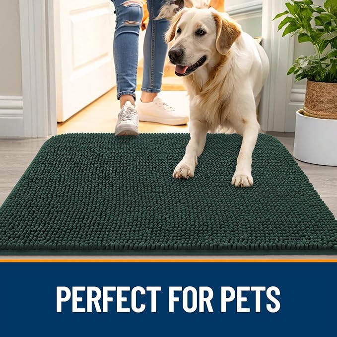 OLANLY Dog Door Mat for Muddy Paws 54x32, Absorbs Moisture and Dirt, Absorbent Non-Slip Washable Doormat, Quick Dry Chenille Mud Mat, Entry Indoor Entryway Carpet for Inside Floor, Blackish Green