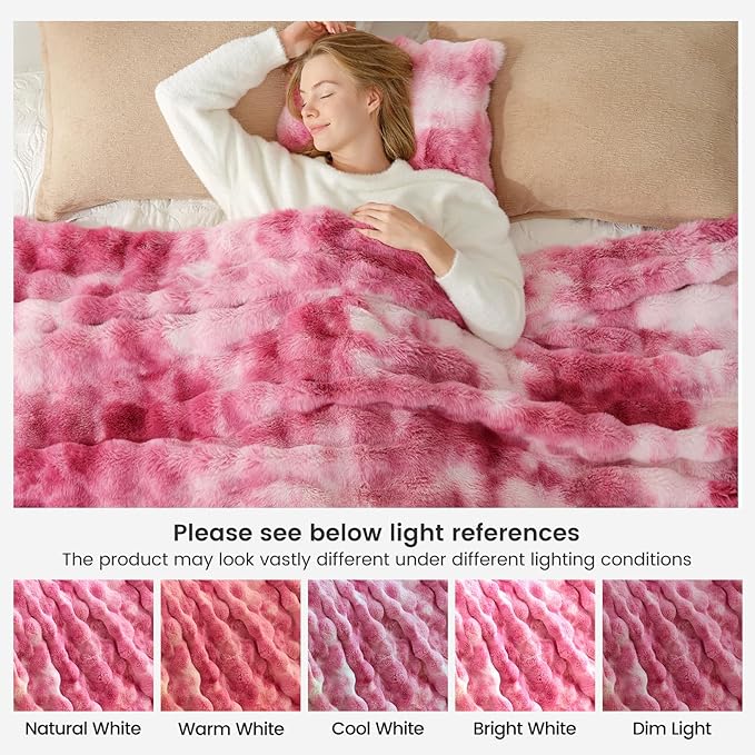 Cozy Bliss Faux Fur Throw Blanket for Bed King Size, Bubble Plush Blanket, Fuzzy Soft & Thick Blanket for Bed Sofa Living Room, 108x90 Inches Tie-dye Pink
