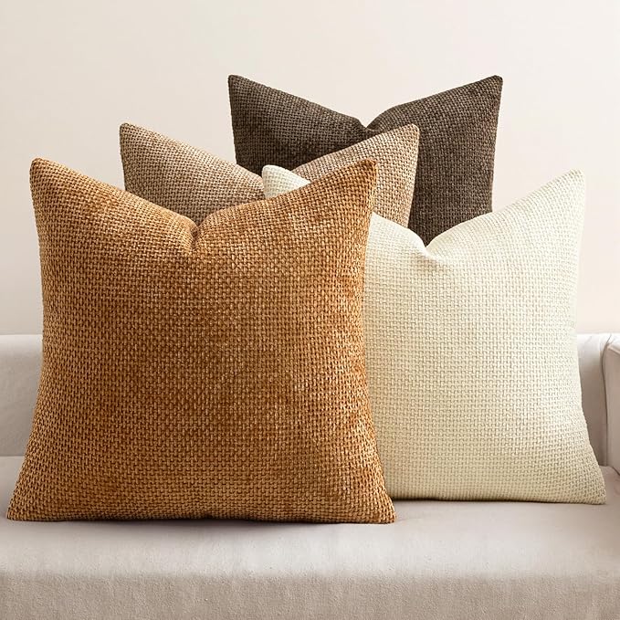 MIULEE Pack of 4 Brown Couch Throw Pillow Covers 18x18 Inch Soft Decorative Chenille Pillows Farmhouse Accent Cushions for Boho Home Decor Spring Sofa Bedroom Living Room