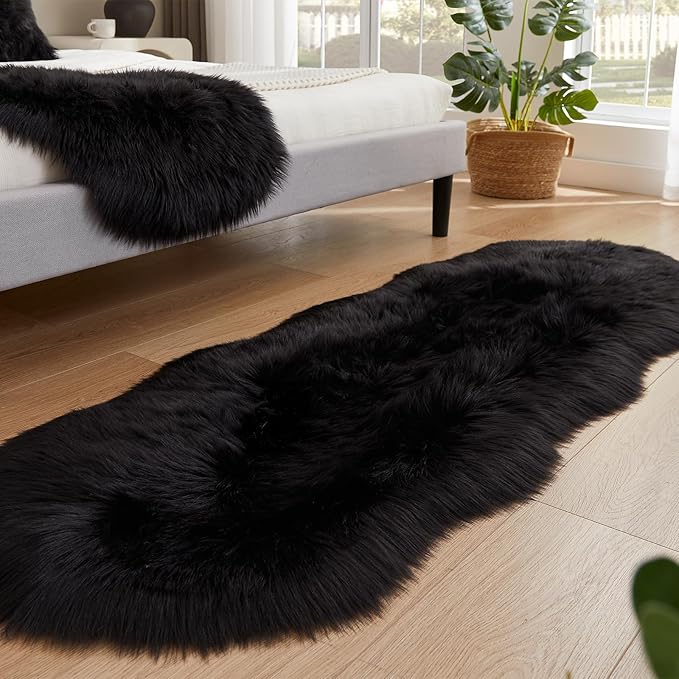 EasyJoy Ultra Soft Fluffy Shaggy Area Rug Faux Fur Rug Chair Cover Seat Pad Fuzzy Area Rug for Bedroom Floor Sofa Living Room (2 x 6 ft Sheepskin, Black)