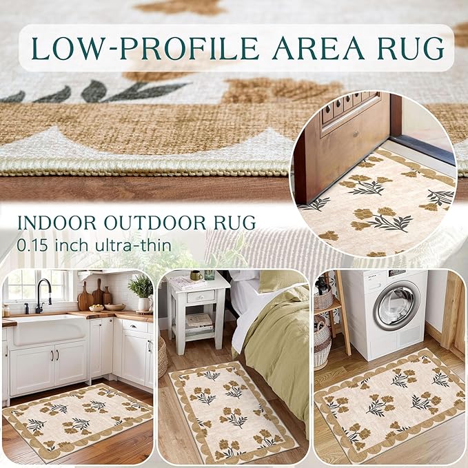 Front Door Mat Outside Entrance - 2x3 Spring Floral Non-Slip Washable Doormat Indoor Outdoor Door Mat Beige Vintage Farmhouse Entry Rug Small Throw Rugs for Entryway Kitchen Front Porch Decor