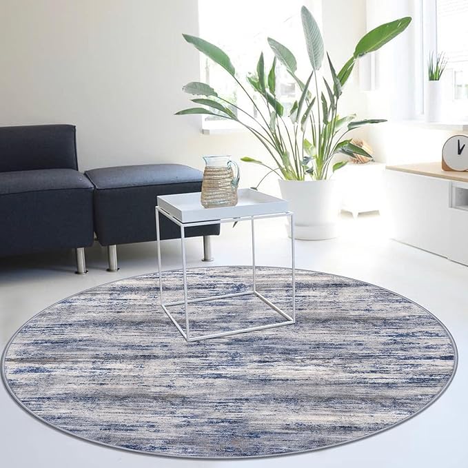 KOZYFLY Modern Abstract Round Washable Rug 5Ft, Non-Slip Soft Kitchen Bathroom Circle Rug, Grey-Blue Striped Entryway Rugs Abstract Faux Wool Doormat for Bedside Entrance Bedroom Sink