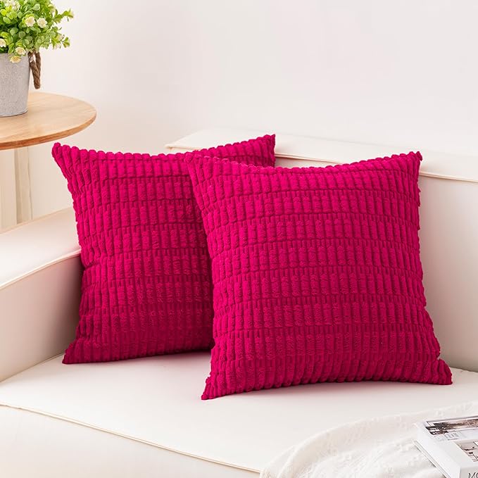 Pack of 2 Corduroy Decorative Throw Pillow Covers 18x18 Inch Soft Striped Pillow Covers Modern Farmhouse Home Decor for Sofa Living Room Couch Bed（Peach Red）