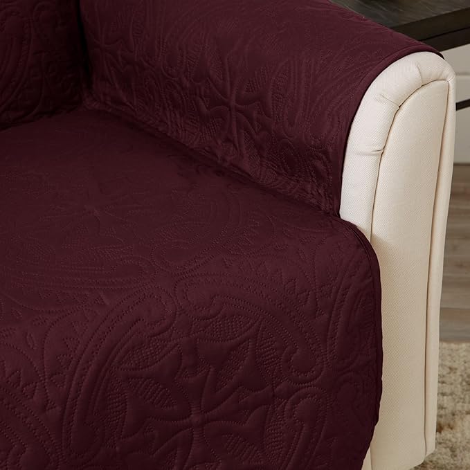 Great Bay Home Reversible Chair Cover - Washable Slipcover Furniture Protector with Elastic Straps - Perfect for Kids & Pets - Quilted & Stitched Detail (Wine/Light Gray)