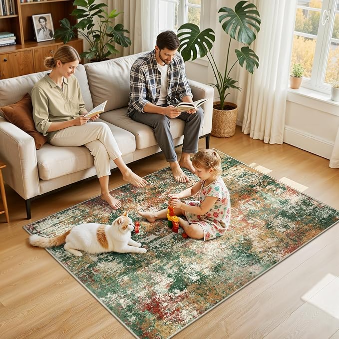Washable Area Rugs 4'x6' Non-Slip Modern Abstract Soft for Living Room Entryway Bedroom Nursery, Print Pattern, Green Orange Rust Red Cream Colorful