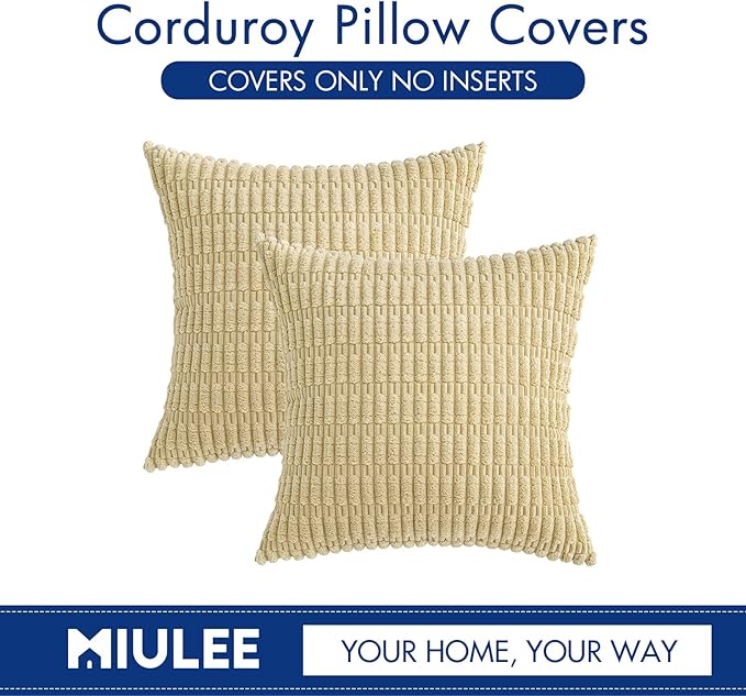 MIULEE Pack of 2 Corduroy Decorative Euro Sham Throw Pillow Covers 24x24 Inch Soft Boho Striped Pillow Covers Modern Farmhouse Home Decor for Sofa Living Room Couch Bed Beige