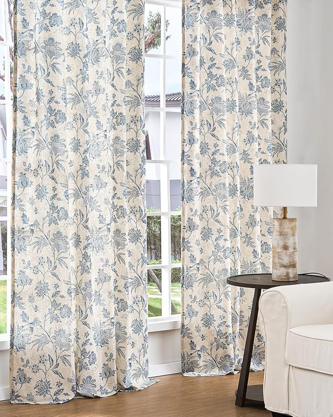 jinchan Lined Linen Floral Curtains for Living Room, 63 Inch Length Printed Flower Farmhouse Patterned French Country Back Tab Blue Window Drapes Set Privacy Bedroom Curtains, 2 Panels