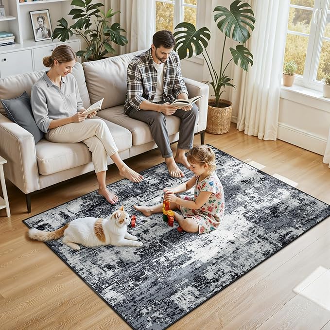 Washable Area Rugs 4'x6' Non-Slip Modern Abstract Soft for Living Room Entryway Bedroom Nursery, Print Pattern, Black Navy Blue Gray