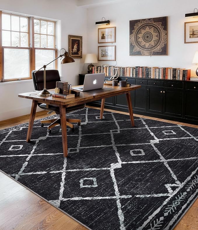YIHOUSE Moroccan Rugs for Living Room, 8x10 Black and White Aztec Area Rug, Western Geometric Soft Low-Pile Washable Rugs for Bedroom, Dining Room