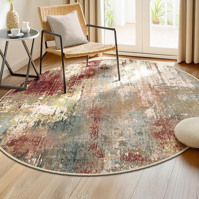 Washable Area Rugs 6ft Non-Slip Modern Abstract Soft for Living Room Entryway Bedroom Nursery, Print Pattern, Brown Rust Red Green Blue Multi