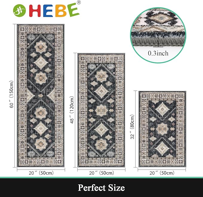 HEBE Boho Kitchen Rug Sets 3 Piece with Runner Non Slip Kitchen Rugs and Mats Washable Kitchen Mats for Floor Thick Kitchen Floor Mat Carpet Runner Rugs for Hallway Laundry Holiday Decor