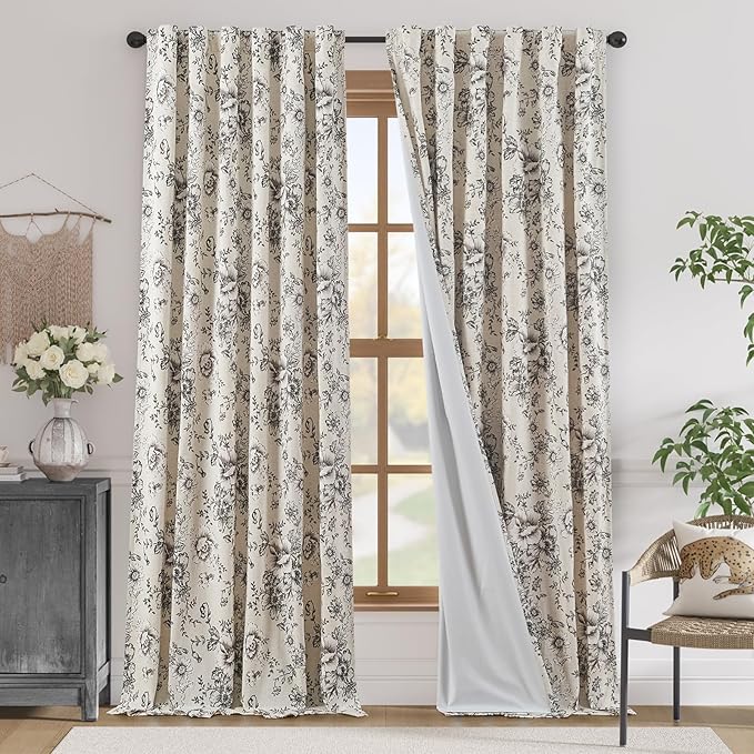 jinchan Blackout Floral Curtains for Living Room Bedroom Linen Blend Curtain Farmhouse Black Printed with Lined Back Tab Rod Pocket Drapes Window Treatments 2 Panels 96 Inch
