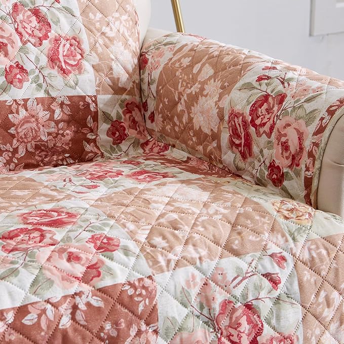 Great Bay Home Reversible Floral Patchwork Loveseat Furniture Protector - Machine Washable, Scalloped Edge, Stain Resistant, Printed Furniture Cover for Dogs, Kids, and Pets (Burgundy/Taupe)