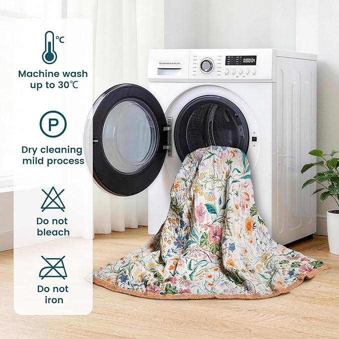 MSGKV The Boho Layer: 60"x80" Cotton Throw Blanket – Full Size for Couch Snuggles, Twin Bed Topper | Lightweight & Breathable Reversible Maximalist Colorful Floral, Decorative Accent