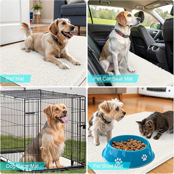 OLANLY Dog Door Mat for Muddy Paws 34x21, Absorbs Moisture and Dirt, Absorbent Non-Slip Washable Doormat, Quick Dry Chenille Mud Mat for Dogs, Entry Indoor Entryway Carpet for Inside Floor, Ivory