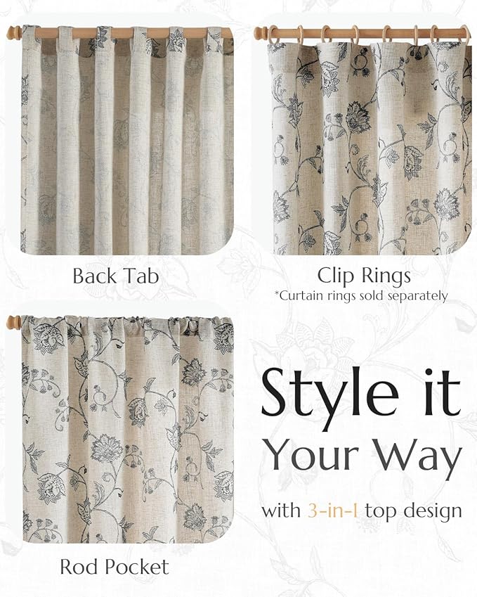 jinchan Linen Curtains Floral Curtain 84 Inch Length for Living Room Bedroom Light Filtering Rod Pocket Back Tab Jacobean Curtains Flax Linen Texture Window Drapes Set 2 Panels Black on Linen