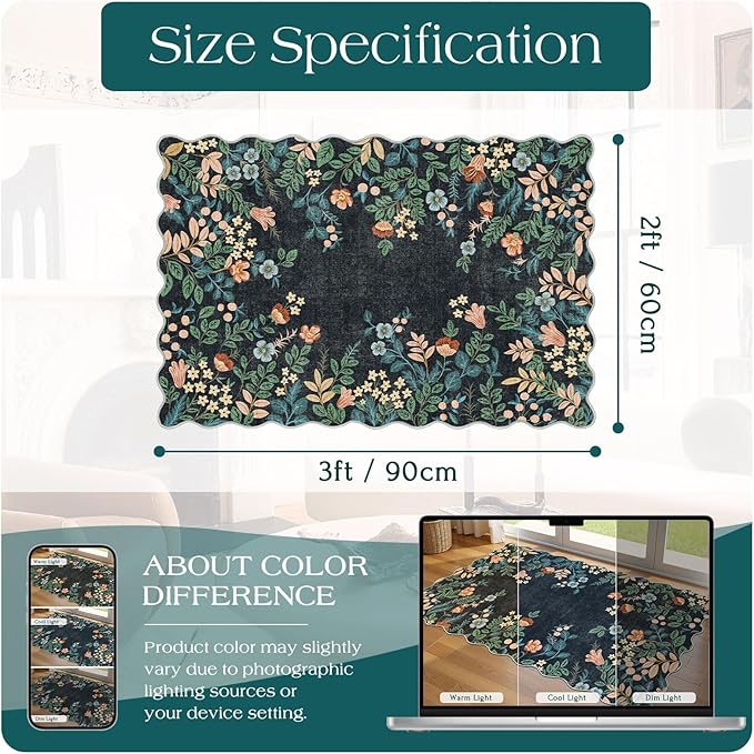 Front Door Mat Outside Entrance - 2x3 Black Floral Non-Slip Washable Doormat Indoor Outdoor Mat Boho Vintage Entry Rug Small Throw Rugs for Entryway Kitchen Front Porch Decor