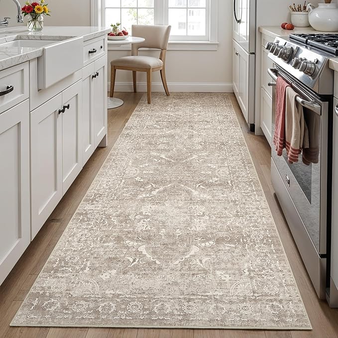 Hallway 3x10 Runner Rug - Vintage Non-Slip Long Rug for Entryway Low-Pile Washable Medallion Runner Rugs Waterproof Traditional Runner Rug Indoor Thin Rug for Kitchen (Distressed Beige & Ivory)